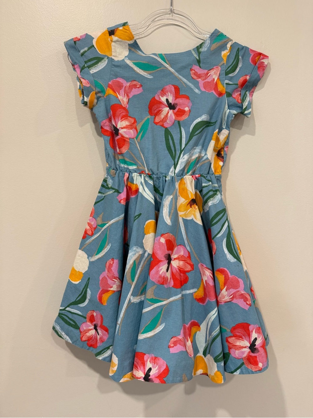 Tea Collection Button Back Skirted Dress Blue Floral Hibiscus Size 12 Excellent